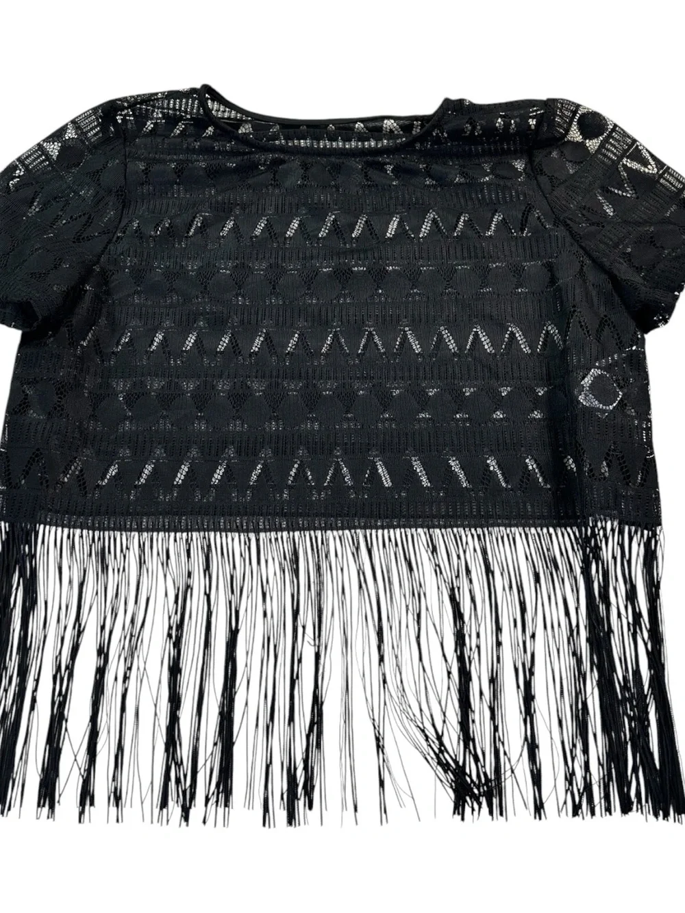 SHEIN Black Fringe Lace Crop Top XL Boho Festival Geometric